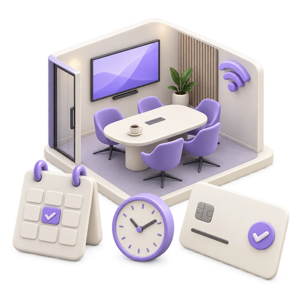 A 3D meeting room with seating, connectivity, a booking calendar, clock and payment card
